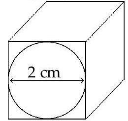  Find the volume of the composite figure. Round to the nearest hundredth if necessary. -Largest possible sphere removed from cube   (Use 3.14 for  \pi .)  A)   3.81 \mathrm{~cm}^{3}  B)   12.19 \mathrm{~cm}^{3}  C)   4.19 \mathrm{~cm}^{3}  D)   8 \mathrm{~cm}^{3}