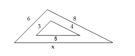  The two triangles below are similar. Find the length of any missing side. -  A)   x=11  B)   x=15  C)   x=5  D)   x=10
