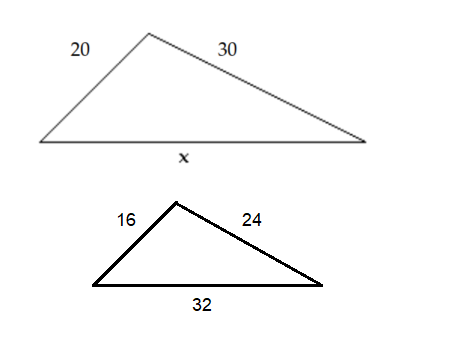 The two triangles below are similar. Find the length of any missing side. -  A)  x = 40 B)  x = 32 C)  x = 50 D)  x = 38