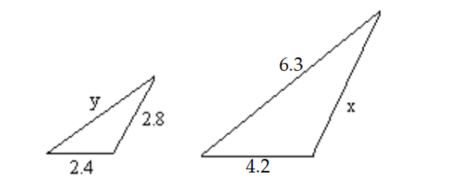  The two triangles below are similar. Find the length of any missing side. -  A)   x=1.60 ; y=3.6  B)   x=5.6 ; y=3.9  C)   \mathrm{x}=4.9 ; \mathrm{y}=3.9  D)   x=4.9 ; y=3.6