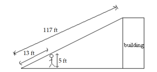  Use a proportion to solve the problem. Round to the nearest tenth as needed. -Find the height of the building. Assume that the height of the person is  5 \mathrm{ft} .   A)   23.4 \mathrm{ft}  B)   45 \mathrm{ft}  C)   304.2 \mathrm{ft}  D)   63 \mathrm{ft}