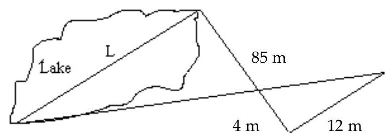  Use a proportion to solve the problem. Round to the nearest tenth as needed. -Find the length, L, of the lake. Assume that the two triangles are similar.   A)   28.3 \mathrm{~m}  B)   255 \mathrm{~m}  C)   425 \mathrm{~m}  D)   7225 \mathrm{~m}