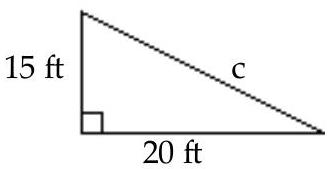  Find the missing length to the nearest tenth. -  A)   \mathrm{c}=25.0 \mathrm{ft}  B)   \mathrm{c}=13.2 \mathrm{ft}  C)   \mathrm{c}=24.0 \mathrm{ft}  D)   \mathrm{c}=17.5 \mathrm{ft}