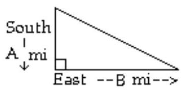  Solve the problem. If necessary, round to the nearest tenth. -A boat travels  5 \mathrm{mi}  south and then  8 \mathrm{mi}  east. How far is the boat from its starting point?    \mathrm{A}=5 \mathrm{mi} \quad \mathrm{B}=8  A)   5.7 \mathrm{mi}  B)   3.6 \mathrm{mi}  C)   44.5 \mathrm{mi}  D)   9.4 \mathrm{mi}
