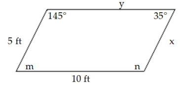  Find the unknown. -  A)   x=10 \mathrm{ft}, \mathrm{y}=5 \mathrm{ft}, \mathrm{m}=145^{\circ}, \mathrm{n}=35^{\circ}  B)   x=10 \mathrm{ft}, \mathrm{y}=5 \mathrm{ft}, \mathrm{m}=35^{\circ}, \mathrm{n}=145^{\circ}  C)   x=5 \mathrm{ft}, \mathrm{y}=5 \mathrm{ft}, \mathrm{m}=35^{\circ}, \mathrm{n}=145^{\circ}  D)   x=5 \mathrm{ft}, \mathrm{y}=10 \mathrm{ft}, \mathrm{m}=35^{\circ}, \mathrm{n}=145^{\circ}