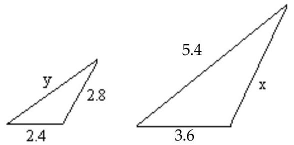  The two triangles below are similar. Find  x  and  y . -  A)   \mathrm{x}=4.2 ; \mathrm{y}=3.6  B)   x=4.2 ; y=3.9  C)   x=1.87 ; y=3.6  D)   \mathrm{x}=4.8 ; \mathrm{y}=3.9