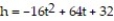 Solve the problem. Round to the nearest tenth, if necessary. -If an object is propelled upward from a height of 32 feet at an initial velocity of 64 feet per second, then its height after t seconds is given by the equation   , where h is in feet. After how many seconds will the object reach a height of 96 feet? A)  8 sec B)  2 sec C)  4 sec D)  1 sec