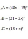 Provide an appropriate response. -Find the measure of each angle.     <sub></sub> A)    A = 145°<sub>, </sub> B = 17°<sub>, </sub> C = 18° B)    A = 35°<sub>, </sub> B = 9°<sub>, </sub> C = 26° C)    A = 145°<sub>, </sub> B = 13°<sub>, </sub> C = 22° D)    A = 35°<sub>, </sub> B = 21°<sub>, </sub> C = 14°