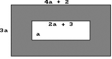 Solve the problem. -Find a polynomial that represents the area of the shaded region.   A)  12a<sup>2</sup> + 6a B)  10a<sup>2</sup> + 3a C)  10a<sup>2</sup> - 1 D)  12a<sup>2</sup> + 3a