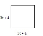 Solve the problem. -What polynomial expression represents, in appropriate units, the perimeter of this square? The area?   A)  Perimeter: 12t + 16; Area: 9   + 16 B)  Perimeter: 12t + 4; Area: 9   + 12t + 16 C)  Perimeter: 12t + 16; Area: 9   + 24t + 16 D)  Perimeter: 12t + 4; Area: 6   + 24t + 8