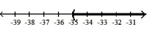  Solve the inequality. Write the solution set in interval notation and graph it. -1( -6x - 14)  + 5(x - 4)  > 1( -6x - 12)  + 3(x + 16)  A)  (- \infty , -35)    B)  ( 35,  \infty )    C)  ( -35,  \infty )    D)  (- \infty , 35)    