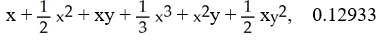 Find the Maclaurin polynomial of degree 3 for the function f(x, y)  = ln(1 + x   )  and use it to find an approximate value for ln(1 + 0.1   ) . State your answer to 5 decimal places. A)    B)    C)    D)    E)   