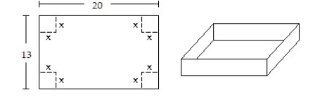 Solve the problem. -A box with an open top is to be constructed from a rectangular piece of cardboard with dimensions 13 inches by 20 inches by cutting out equal squares of side x at each corner and then folding up the sides as in the figure. Express the volume V of the box as a function of x.   A) V(x)  = x(13 - x) (20 - x)   B)  V(x)  = (13 - x) (20 - x)  C)  V(x)  = (13 - 2x) (20 - 2x)  D)  V(x)  = x(13 - 2x) (20 - 2x) 