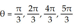  Solve for the angle θ, where 0 ≤ θ ≤ 2π -   \theta =   A)       B)      C)     D)    \theta  = 0,  \pi , 2 \pi