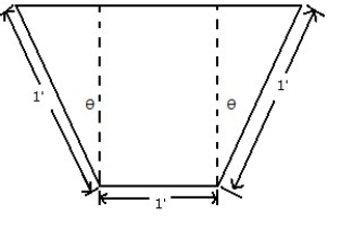  Choose the one alternative that best completes the statement or answers the question.  -A trough is to be made with an end of the dimensions shown. The length of the trough is to be   long. Only the angle  \theta can be varied. What value of  \theta will maximize the trough's volume?   A)  30° B)  45° C)  32° D)  15° 