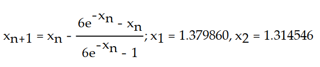 Write the formula for Newton's method and use the given initial approximation to compute the approximations   and   . Round to six decimal places. -f(x)  =   -   ;   = ln 2 A)    B)    C)    D)   