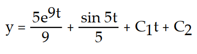 Find the general solution of the differential equation. Use C, C1, C2, . . . to denote arbitrary constants. If used, do not simplify hyperbolic functions. -y''(t)  = 45   + sin 5t A)     B)     C)     D)    