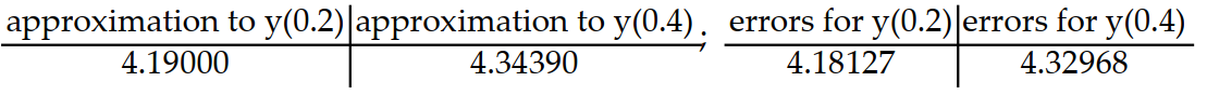 Consider the initial value problem. Find the approximations of y(0.2)  and y(0.4)  using Euler's method with a time step of    Then  using the exact solution given, compute the errors in the Euler approximations at t = 0.2  and  t = 0.4  Round answers to five decimal places, do not use intermediate rounding.  -y'(t)  = 5 - y, y(0)  = 4; y(t)  = 5 -   A)    B)    C)    D)   