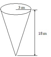  Solve the problem.    -A water tank is shaped like an inverted cone with height 18 m and base radius 3 m (see figure) . If the tank is full, how much work is required to pump the water to the level of the top of the tank and out of the tank? Express the answer in terms of  \pi .     A)  2,381,400 \pi  J B)  1,587,600 J C)  14,288,400 \pi  J D)  85,730,400 \pi  J 