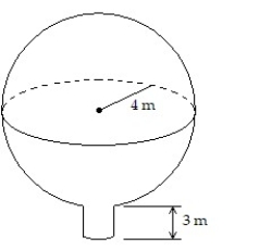  Solve the problem.    -A spherical water tank with an inner radius of 4 m has its lowest point 3 m above the ground. It is filled by a pipe that feeds the tank at its lowest point (see figure) . Neglecting the volume of the inflow pipe, how much work is required to fill the tank if it is initially empty? Express the answer in terms of  \pi .    A)  5,017,600/ 3  \pi  J B)  2,508,800 /3  \pi  J C)  627,200/3  \pi  J D)  1,254,400/3  \pi  J 
