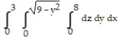 Solve the problem. -Write an iterated triple integral in the order   for the volume of the region in the first octant enclosed by the cylinder   and the plane   . A)    B)    C)    D)   