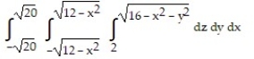 Solve the problem. -Let D be the smaller cap cut from a solid ball of radius 4 units by a plane 2 units from the center of the sphere. Set up the triple integral for the volume of D in rectangular coordinates. A)    B)    C)    D)   