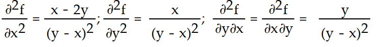 Find all the second order partial derivatives of the given function. -f(x, y)  = x ln (y - x)  A)      B)    C)     D)    