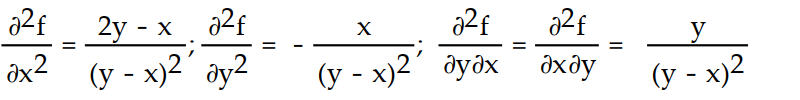 Find all the second order partial derivatives of the given function. -f(x, y)  = x ln (y - x)  A)      B)    C)     D)    