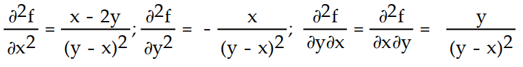 Find all the second order partial derivatives of the given function. -f(x, y)  = x ln (y - x)  A)      B)    C)     D)    