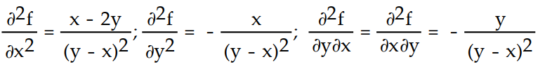 Find all the second order partial derivatives of the given function. -f(x, y)  = x ln (y - x)  A)      B)    C)     D)    