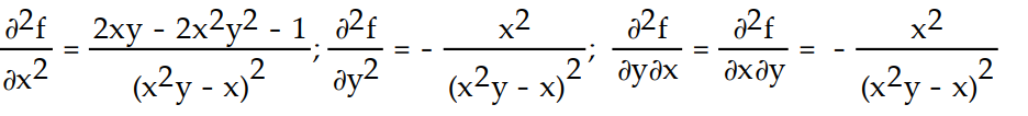 Find all the second order partial derivatives of the given function. -f(x, y)  = ln (   y - x)  A)    B)    C)    D)   
