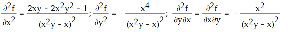 Find all the second order partial derivatives of the given function. -f(x, y)  = ln (   y - x)  A)    B)    C)    D)   