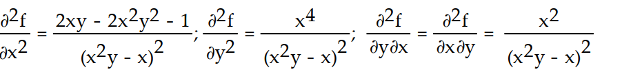 Find all the second order partial derivatives of the given function. -f(x, y)  = ln (   y - x)  A)    B)    C)    D)   
