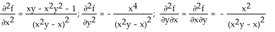 Find all the second order partial derivatives of the given function. -f(x, y)  = ln (   y - x)  A)    B)    C)    D)   