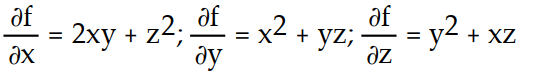 Find all the first order partial derivatives for the following function.   -f(x, y, z)  =   y +   z + x   A)     B)    C)     D)   