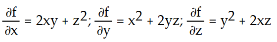 Find all the first order partial derivatives for the following function.   -f(x, y, z)  =   y +   z + x   A)     B)    C)     D)   
