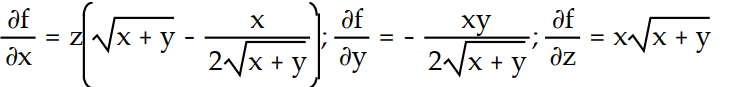 Find all the first order partial derivatives for the following function.   -f(x, y, z)  = xz   A)     B)    C)     D)    