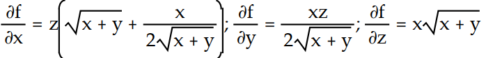 Find all the first order partial derivatives for the following function.   -f(x, y, z)  = xz   A)     B)    C)     D)    