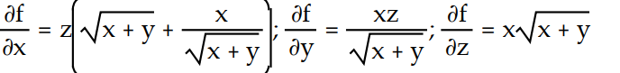 Find all the first order partial derivatives for the following function.   -f(x, y, z)  = xz   A)     B)    C)     D)    
