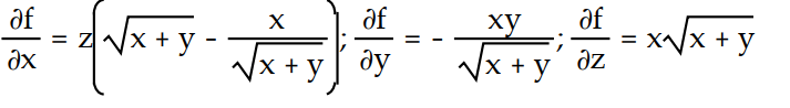 Find all the first order partial derivatives for the following function.   -f(x, y, z)  = xz   A)     B)    C)     D)    
