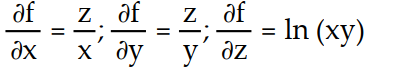Find all the first order partial derivatives for the following function.   -f(x, y, z)  = ln   A)      B)    C)     D)     