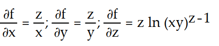 Find all the first order partial derivatives for the following function.   -f(x, y, z)  = ln   A)      B)    C)     D)     