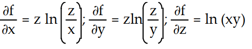 Find all the first order partial derivatives for the following function.   -f(x, y, z)  = ln   A)      B)    C)     D)     