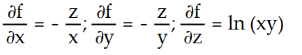 Find all the first order partial derivatives for the following function.   -f(x, y, z)  = ln   A)      B)    C)     D)     