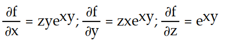 Find all the first order partial derivatives for the following function.   -f(x, y, z)  = z   A)      B)     C)     D)     