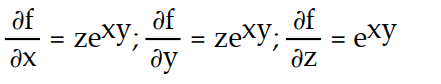Find all the first order partial derivatives for the following function.   -f(x, y, z)  = z   A)      B)     C)     D)     
