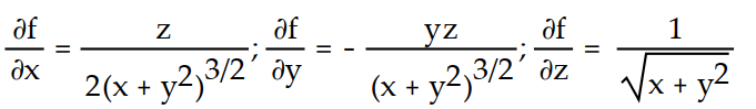 Find all the first order partial derivatives for the following function.   -f(x, y, z)  =   A)      B)     C)      D)     
