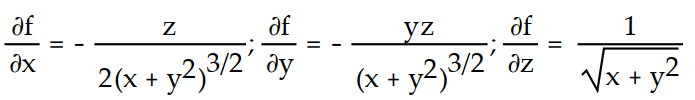 Find all the first order partial derivatives for the following function.   -f(x, y, z)  =   A)      B)     C)      D)     