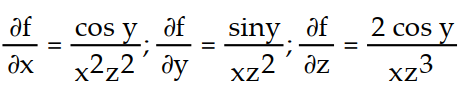 Find all the first order partial derivatives for the following function.   -f(x, y, z)  =   A)      B)     C)      D)     