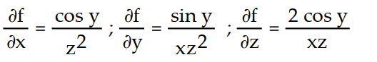 Find all the first order partial derivatives for the following function.   -f(x, y, z)  =   A)      B)     C)      D)     